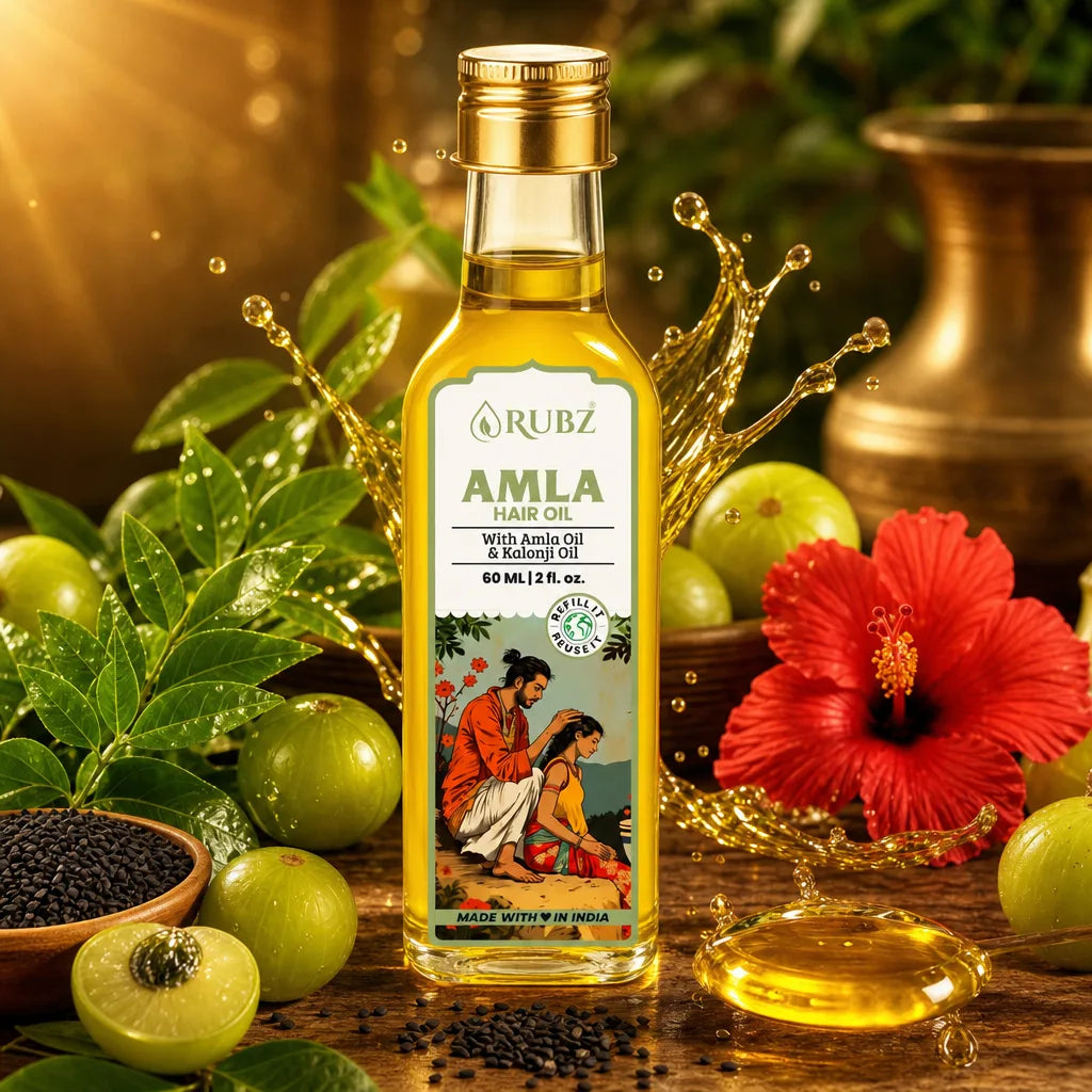 Bottle of Rubz Amla hair oil with amla fruits and flowers on a wooden surface