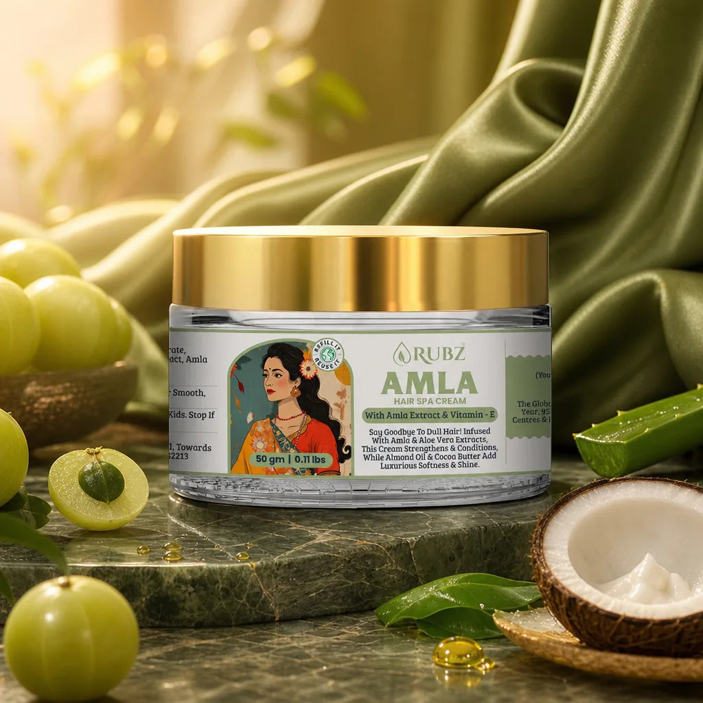 Jar of Rubz Amla hair spa cream with amla fruits and coconut on a decorative background