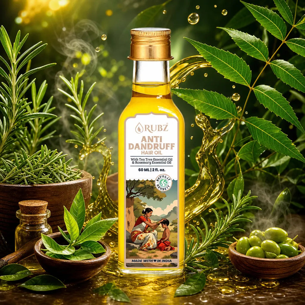 Bottle of Rubz Anti Dandruff oil surrounded by green leaves and plants
