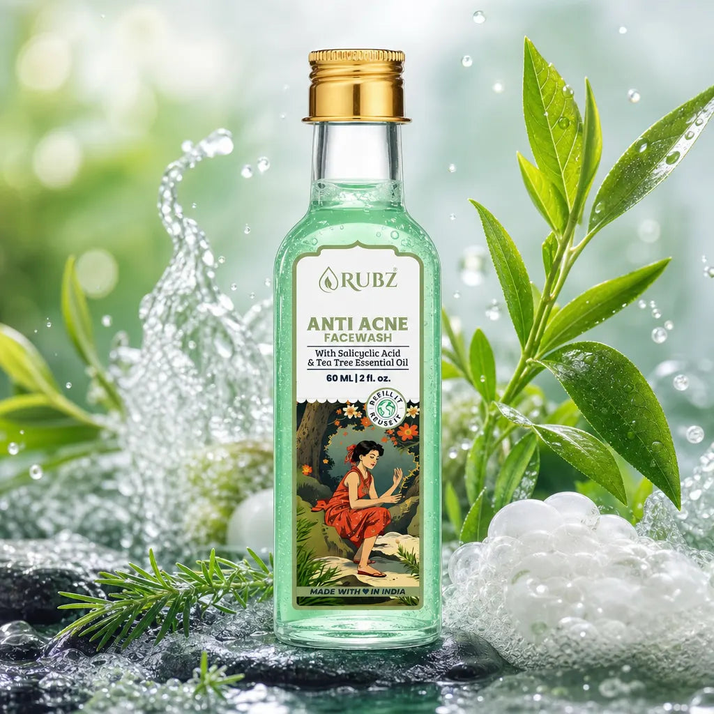 Bottle of Rubz Anti Acne oil with green leaves and water droplets in the background