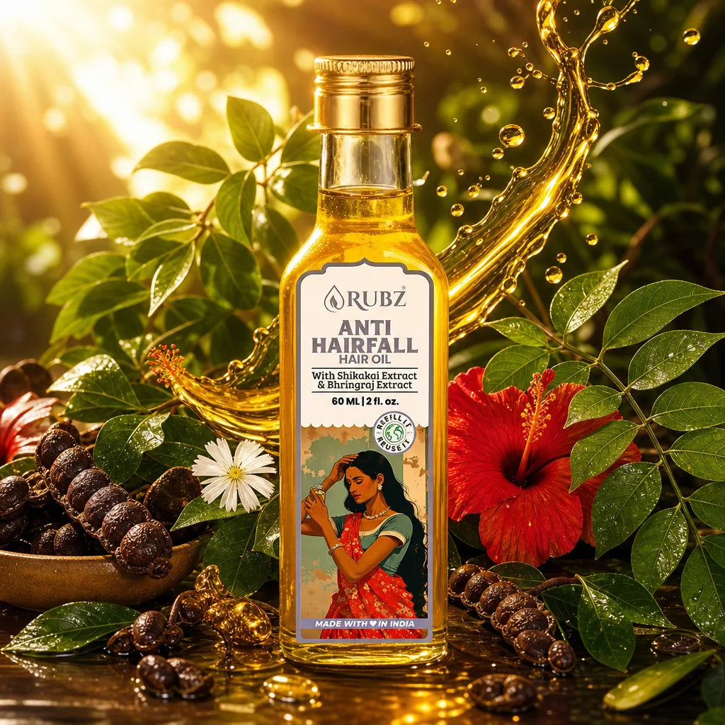 Rubz Anti Hairfall Oil bottle with natural elements and branding