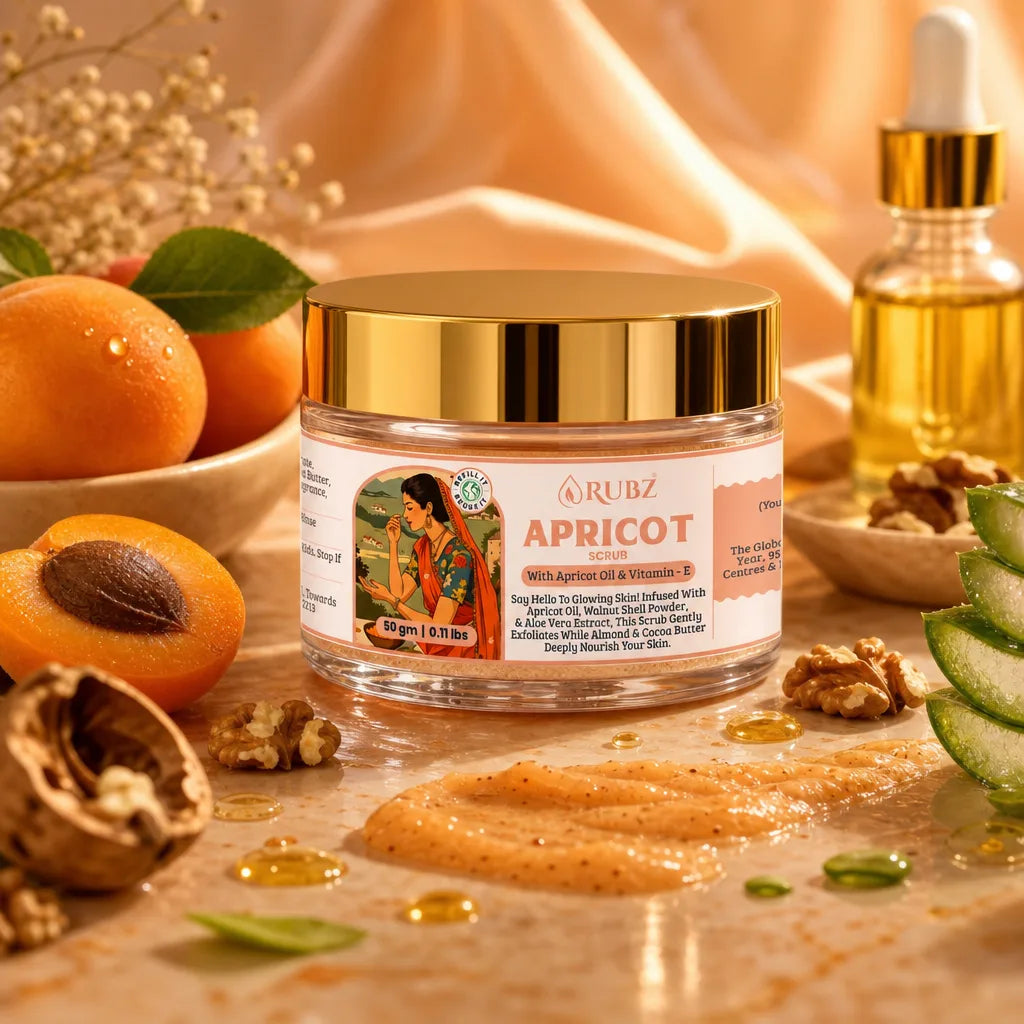 Jar of 'Rubz Apricot scrub' skincare product with apricots, nuts, and a dropper in the background.