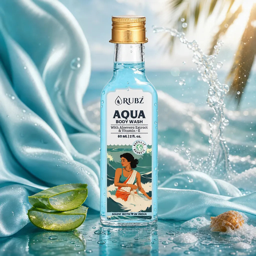 Rubz Aqua body wash bottle with a woman in a sari design on the label, surrounded by water droplets and aloe vera leaves.