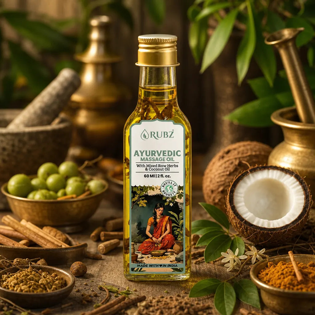 Bottle of Rubz Ayurvedic Massage Oil surrounded by natural ingredients on a rustic background