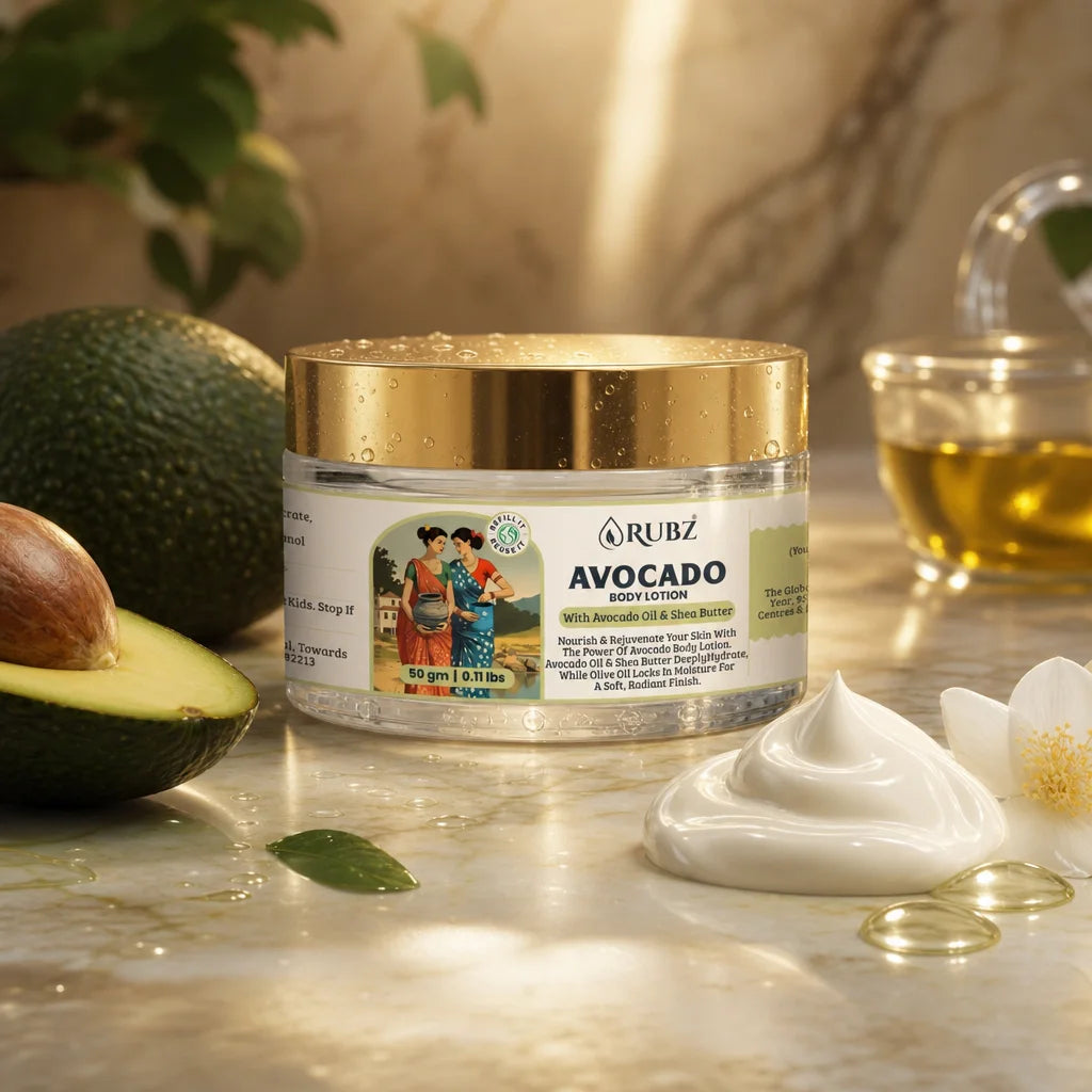 Jar of Rubz Avocado body lotion with avocado and oil on a wooden surface