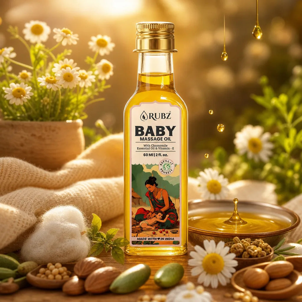 Rubz Baby Massage Oil bottle with natural elements and flowers in the background