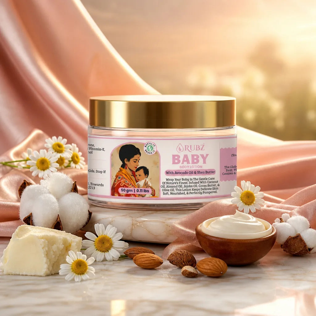 Jar of 'rubz Baby' cream with natural ingredients on a soft fabric background
