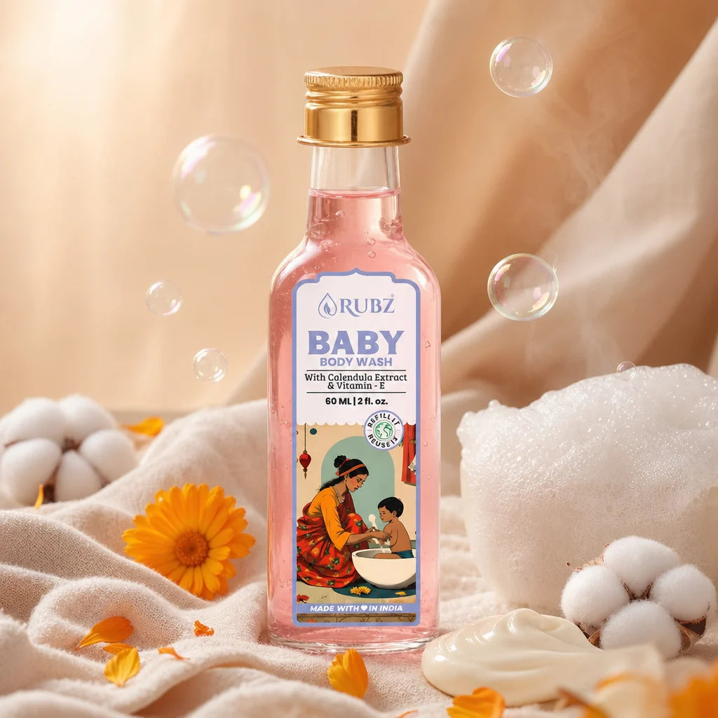 Rubz Baby body wash bottle with decorative elements on a soft background