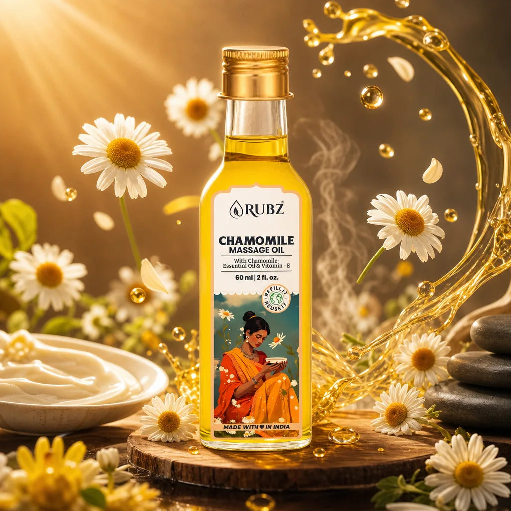 Rubz Chamomile Massage Oil bottle with daisies and massage cream on a wooden board.