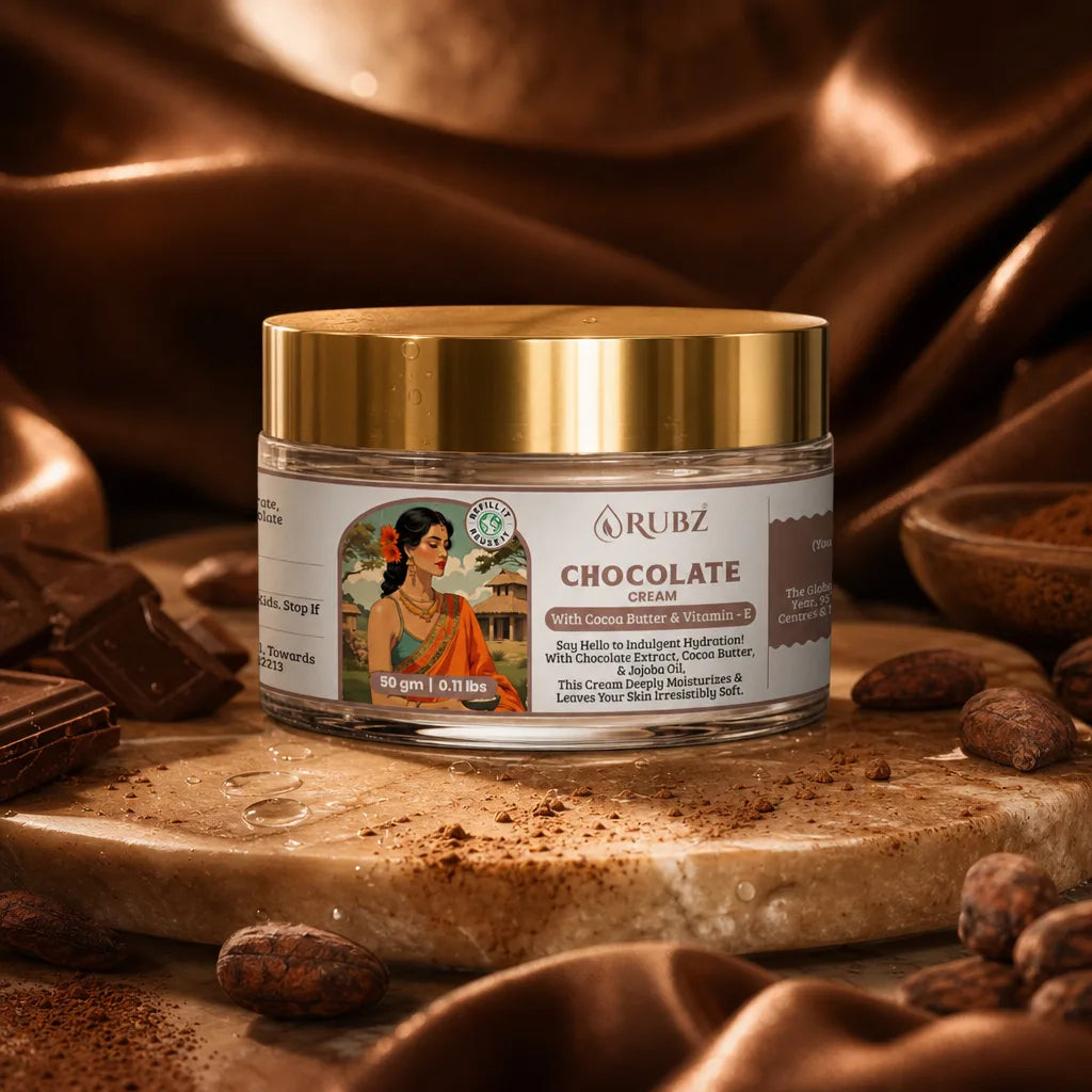 Jar of Rubz Chocolate Cream with cocoa beans and chocolate pieces on a brown background