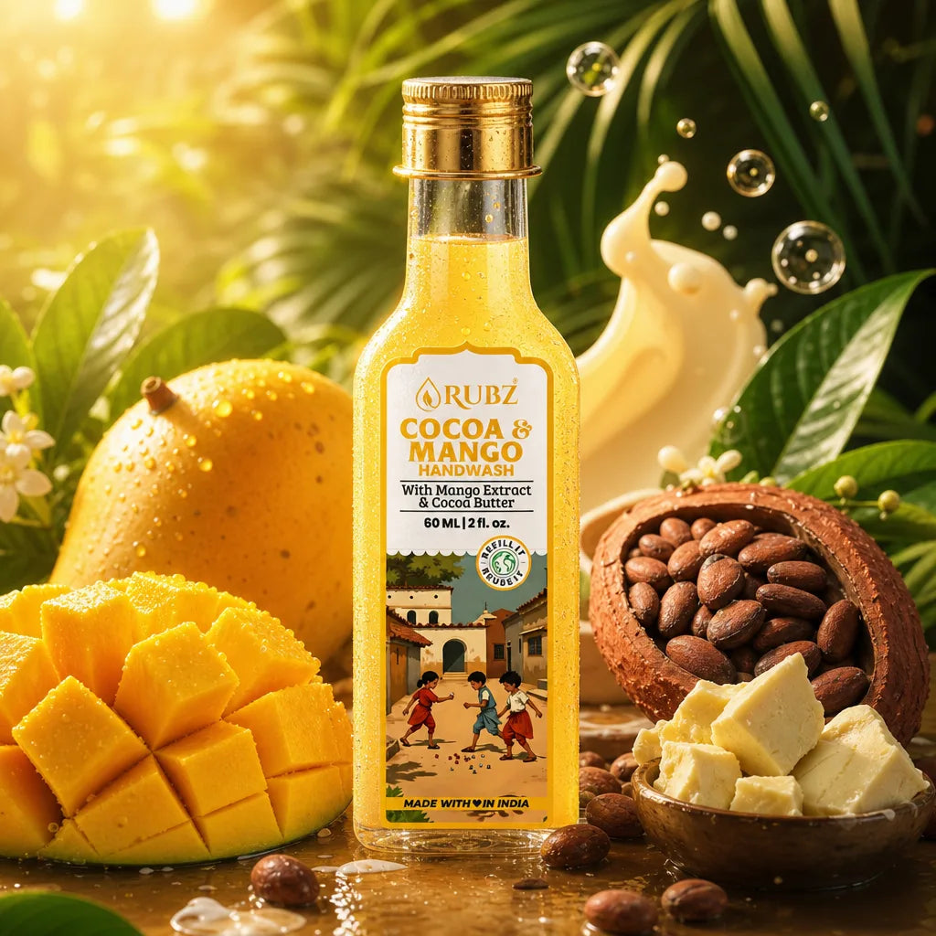Rubz Cocoa & Mango handwash bottle with mango, coconut, and almonds on a natural background