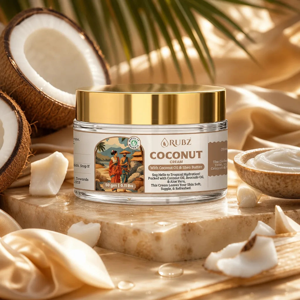 Jar of Rubz Coconut Cream with coconuts and coconut oil on a wooden surface