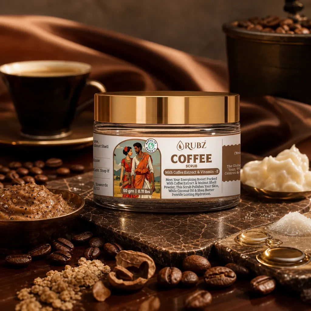 Jar of coffee scrub with coffee beans and a cup in the background