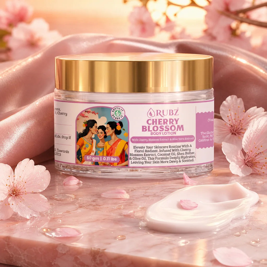 Jar of Rubz Cherry Blossom body lotion with cherry blossoms and petals in the background