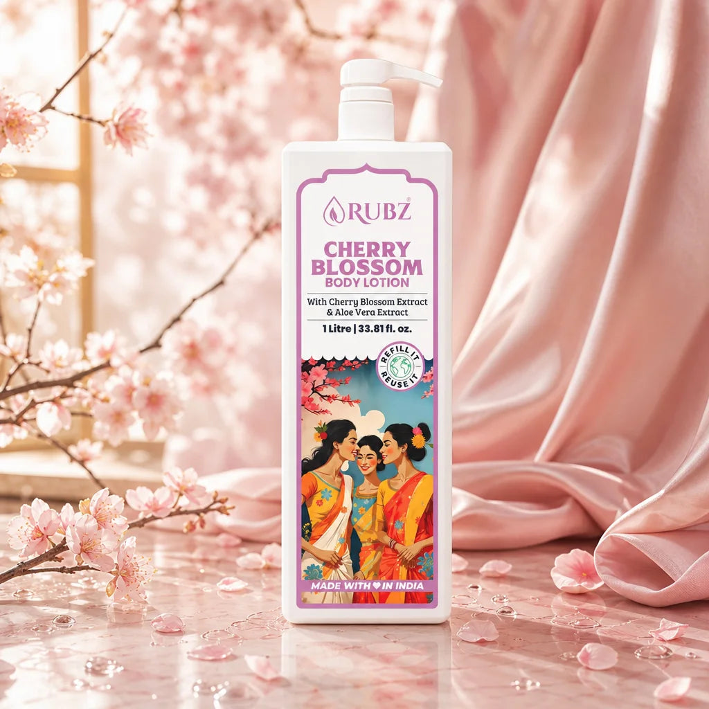 Rubz Cherry Blossom body lotion with cherry blossoms and fabric in the background