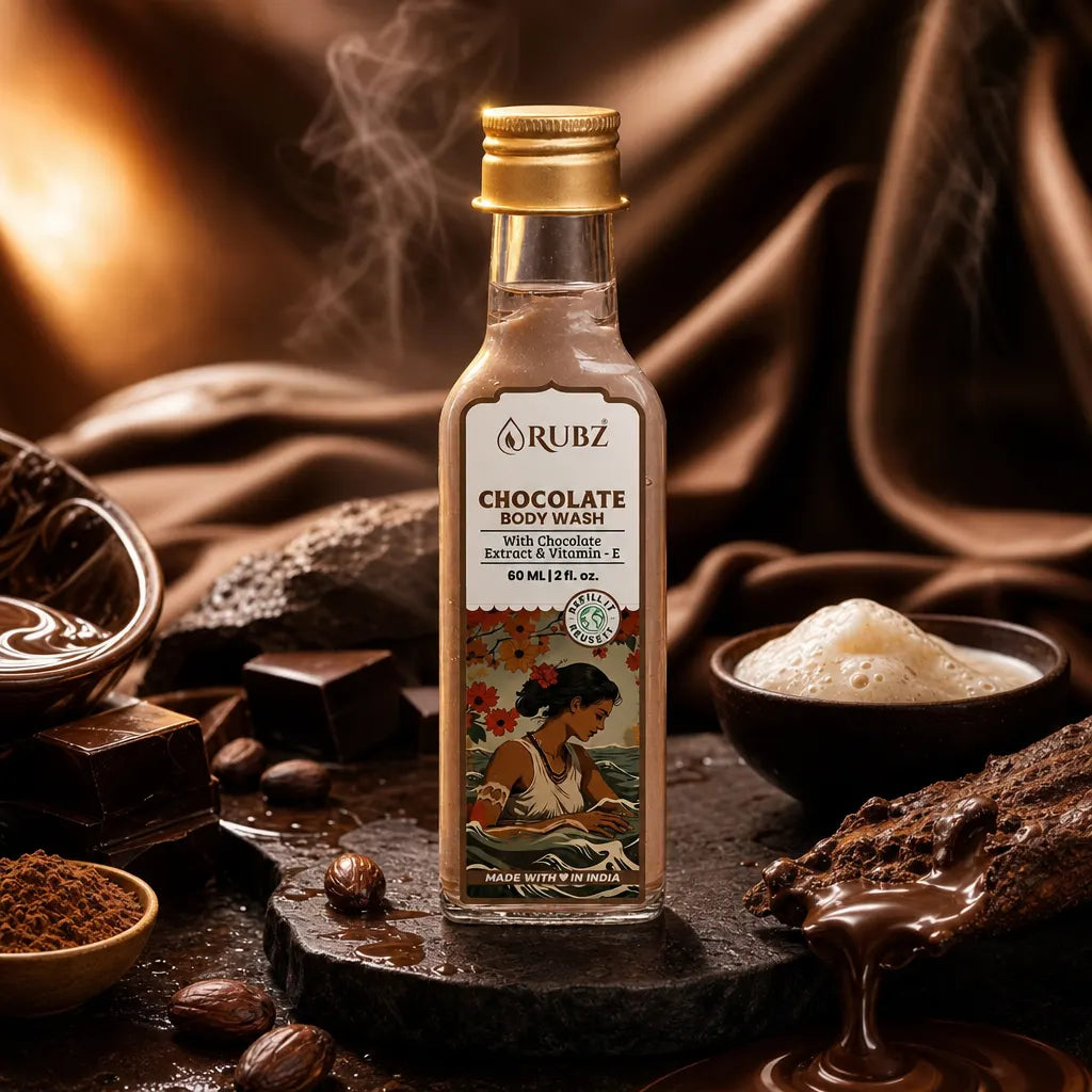 Rubz Chocolate Body Wash bottle with chocolate-themed packaging and ingredients.