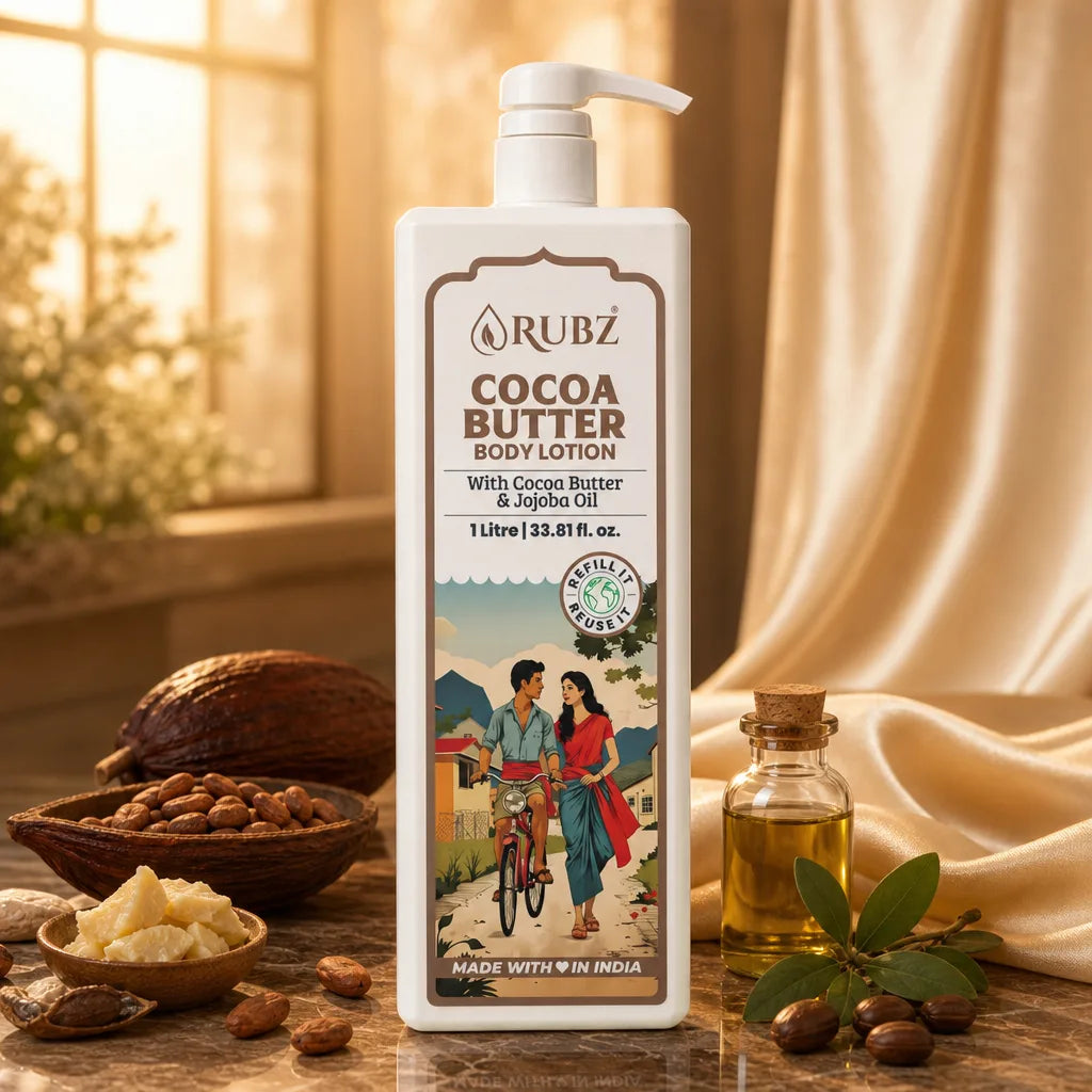 Rubz Cocoa Butter body lotion with ingredients and scenic label on a wooden surface.