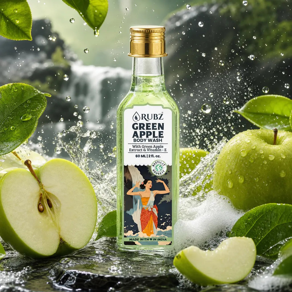 Rubz Green Apple body wash bottle surrounded by green apples and water droplets