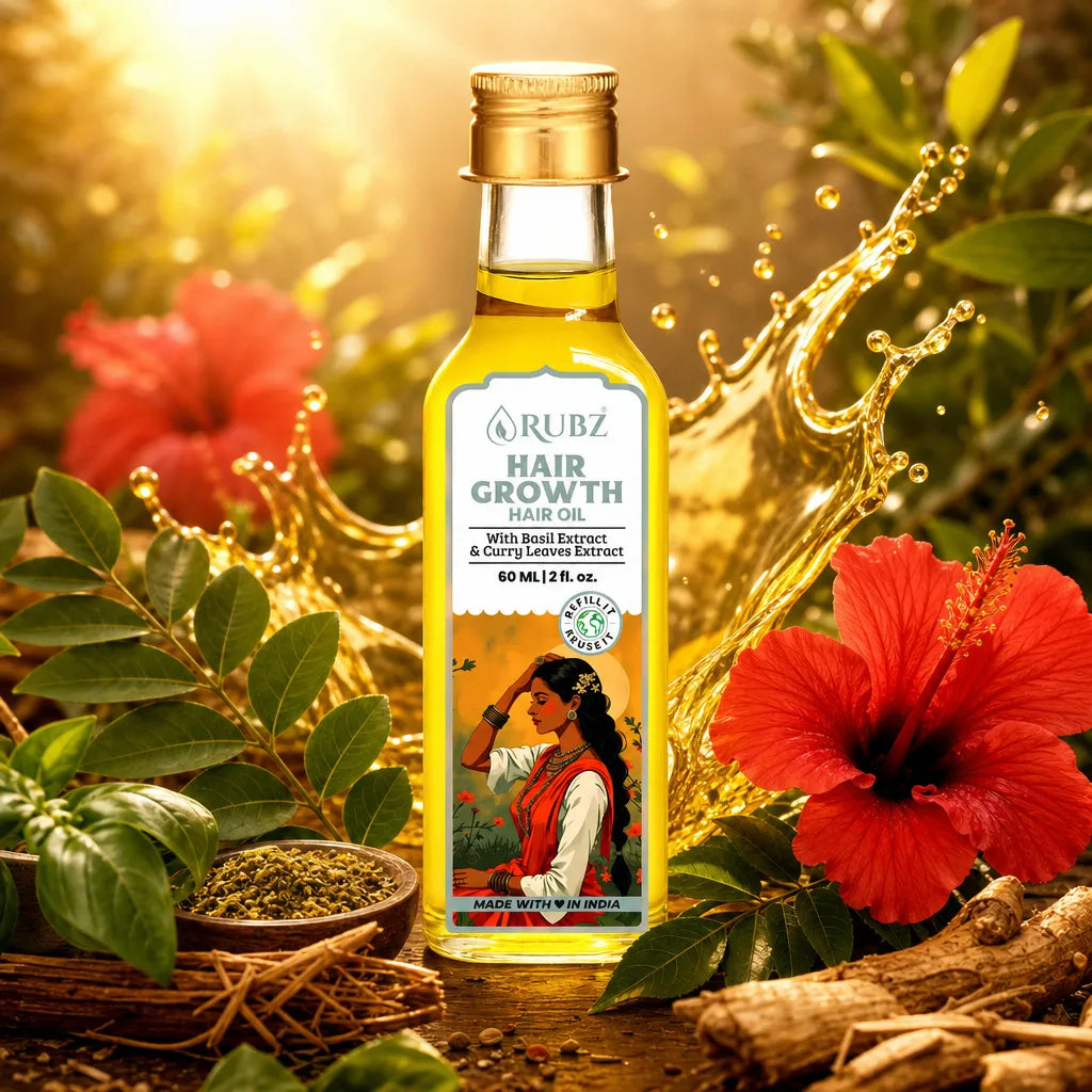 Rubz hair growth oil bottle with natural ingredients and flowers on a wooden surface
