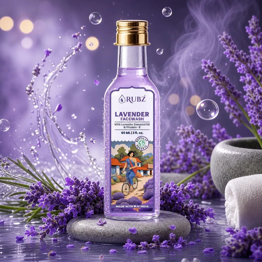 Rubz Lavender Facewash bottle with lavender flowers and a blurred background