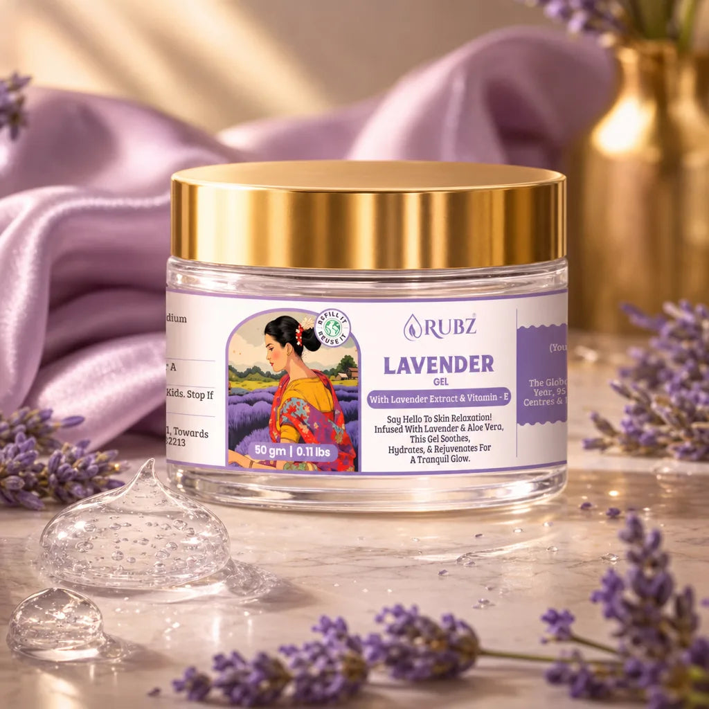 Jar of Rubz Lavender gel with lavender flowers and a gold container on a wooden surface.