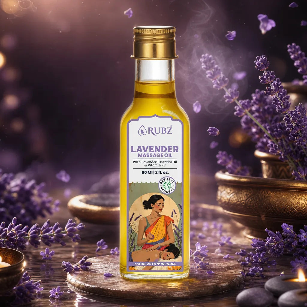 Bottle of Rubz Lavender Massage Oil surrounded by lavender flowers on a wooden surface.