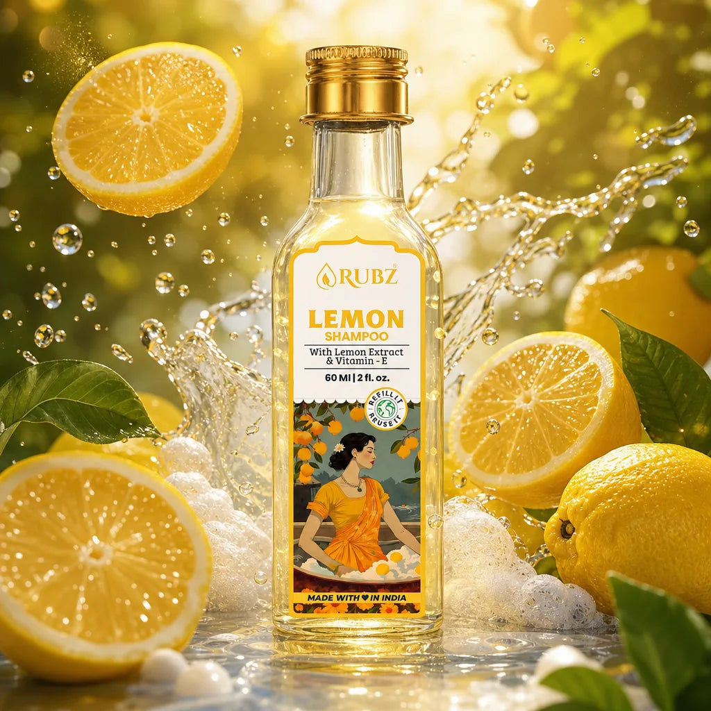 Bottle of Rubz Lemon shampoo with lemons and water splashes in the background