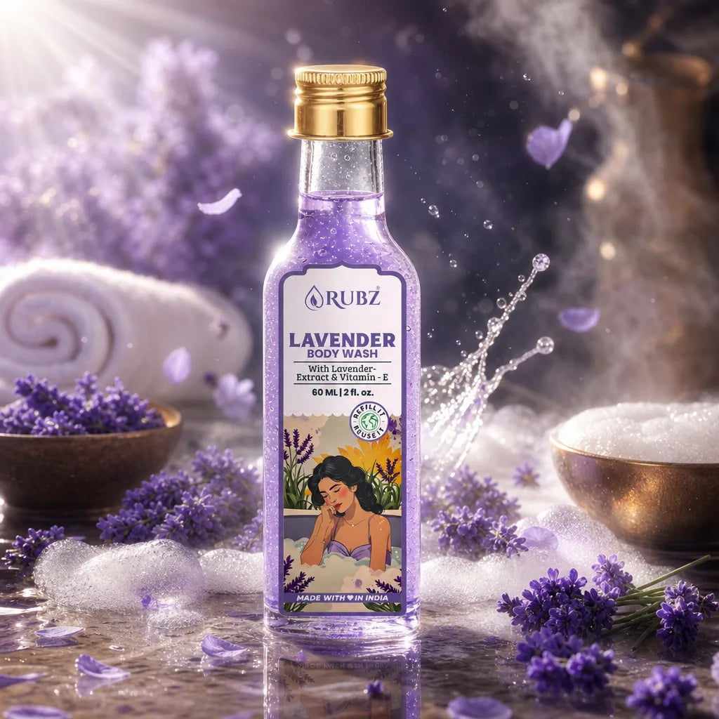 Bottle of Rubz Lavender body wash with lavender flowers and bubbles in the background