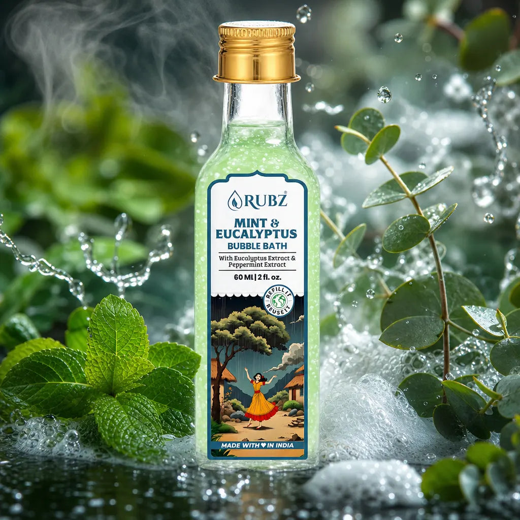 Bottle of Rubz Mint & Eucalyptus Bubble Bath with green leaves and water droplets in the background