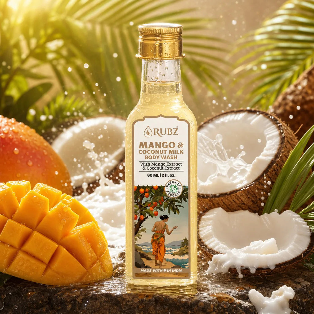 Rubz Mango & Coconut Milk body wash bottle with mango, coconut, and palm leaves in the background