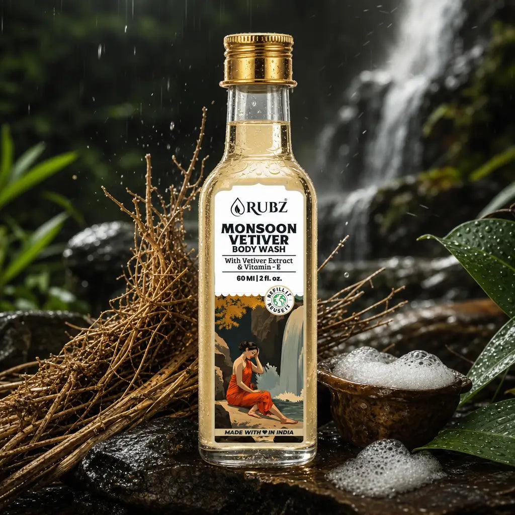 Bottle of Rubz Monsoon Vetiver Body Wash with natural elements in the background