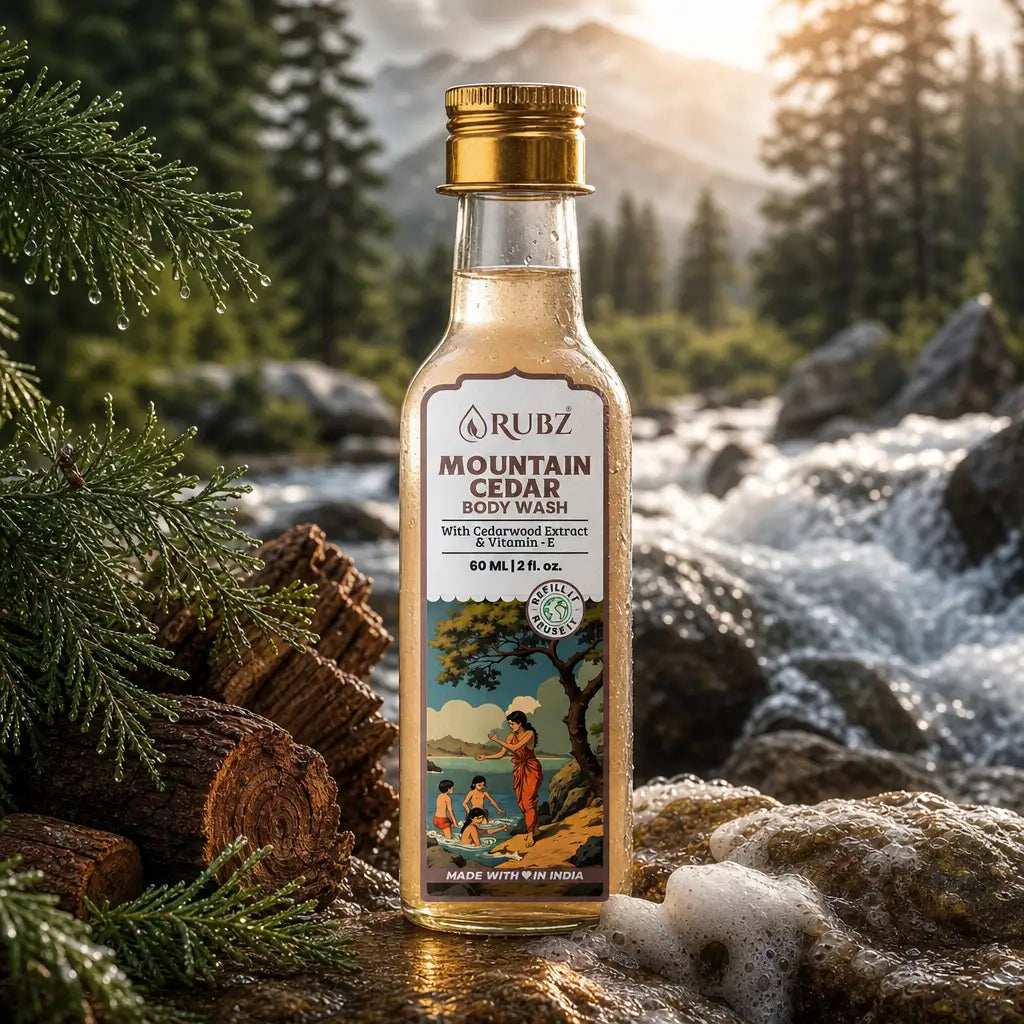 Bottle of Rubz Mountain Cedar soap with a scenic background