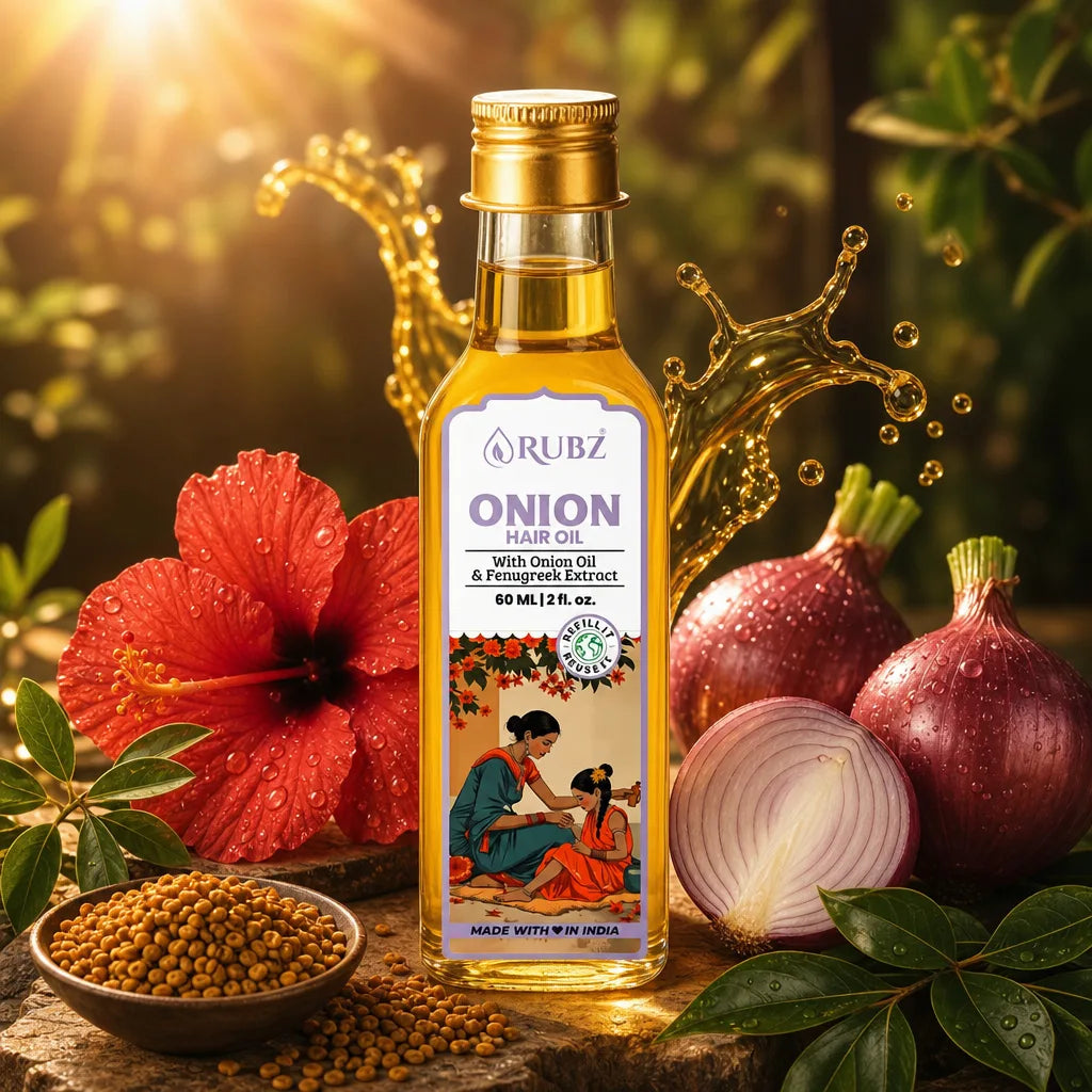 Bottle of Rubz Onion Hair Oil with onions, flowers, and leaves in the background