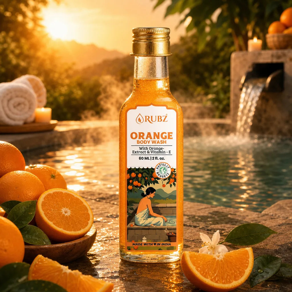 Bottle of Rubz Orange Body Wash with oranges and a sunset background