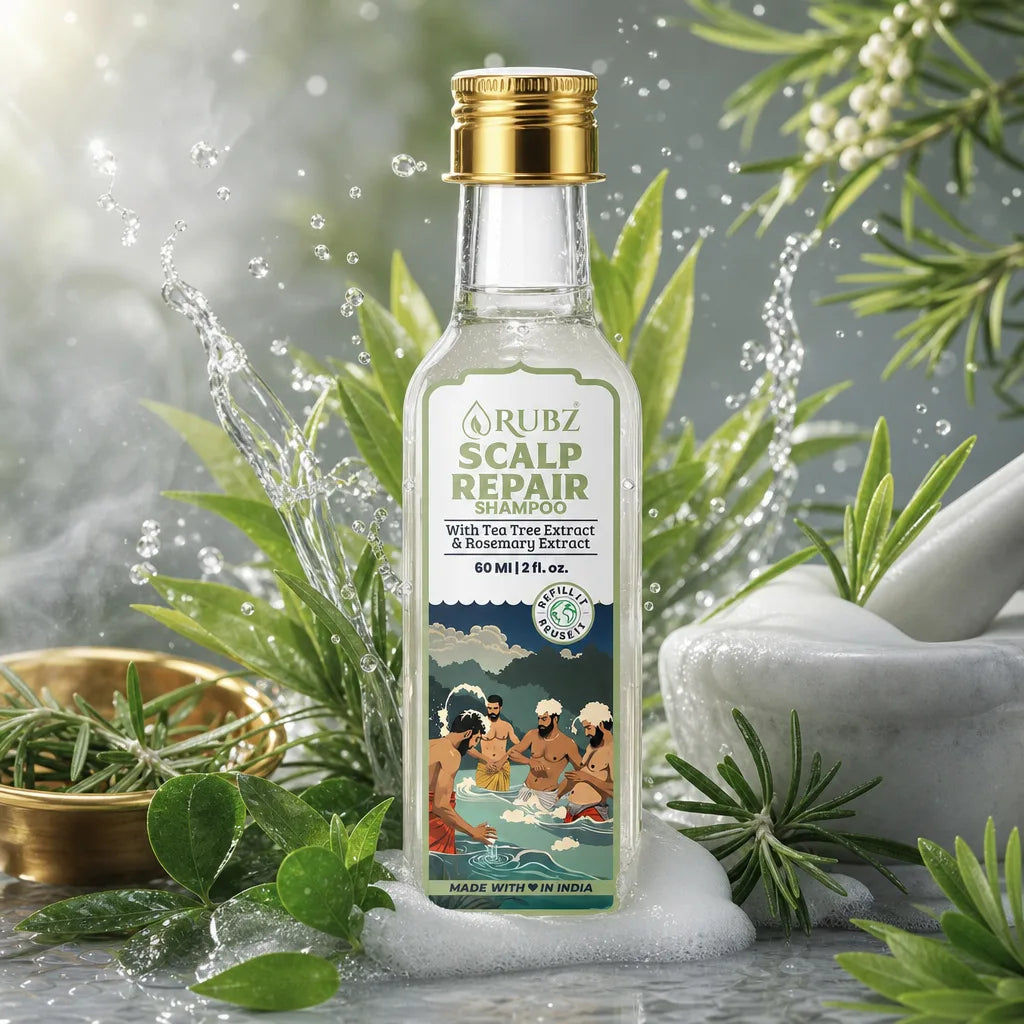 Bottle of Rubz Scalp Repair Shampoo with natural elements in the background