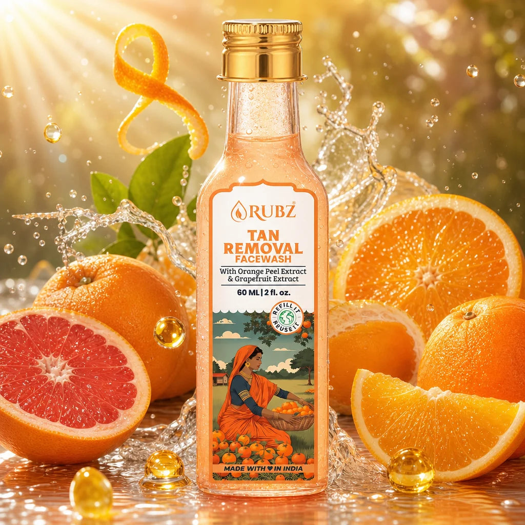 Bottle of Rubz Tan Removal Facewash with oranges and grapefruits in a splash of water