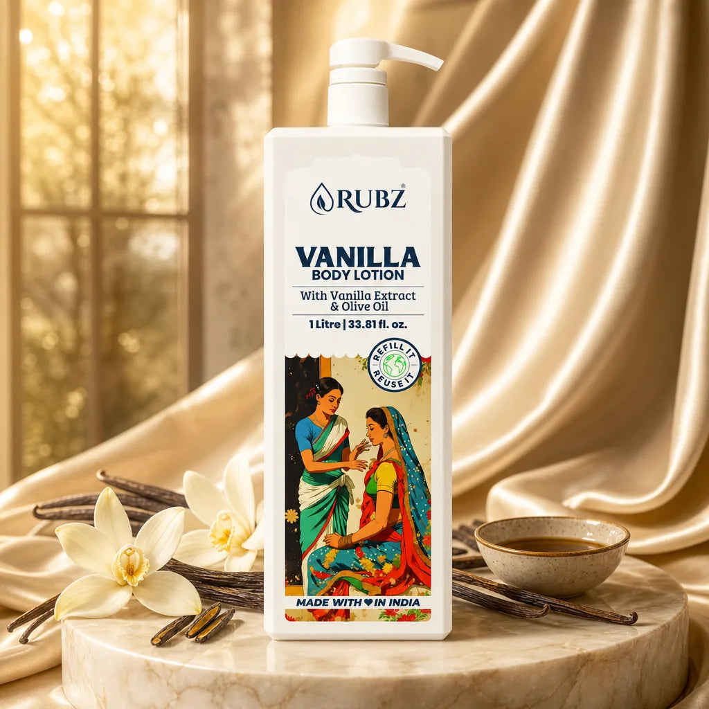 Rubz Vanilla body lotion bottle with vanilla flowers and a bowl on a marble surface.
