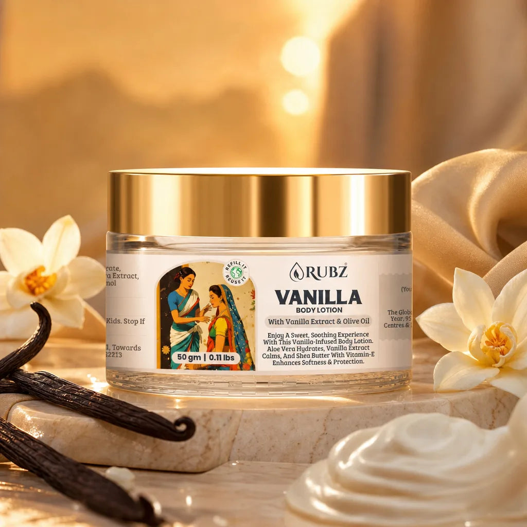 Jar of Rubz Vanilla body lotion with vanilla beans and flowers on a blurred background