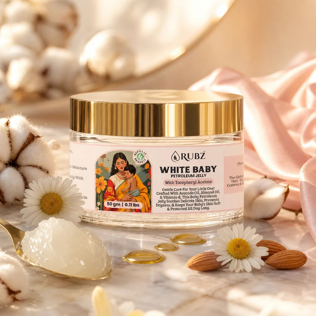 Jar of Rubz White Baby Petroleum Jelly with natural elements like cotton, flowers, and almonds on a soft background.
