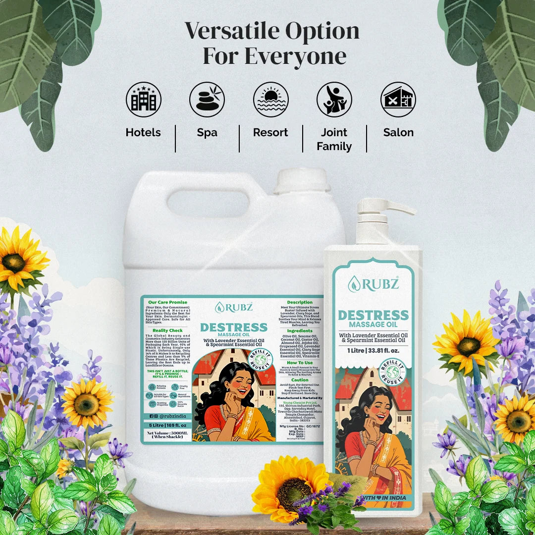 Premium Destress Body Massage Oil - 5 Litre | with 500ml Refillable Bottle