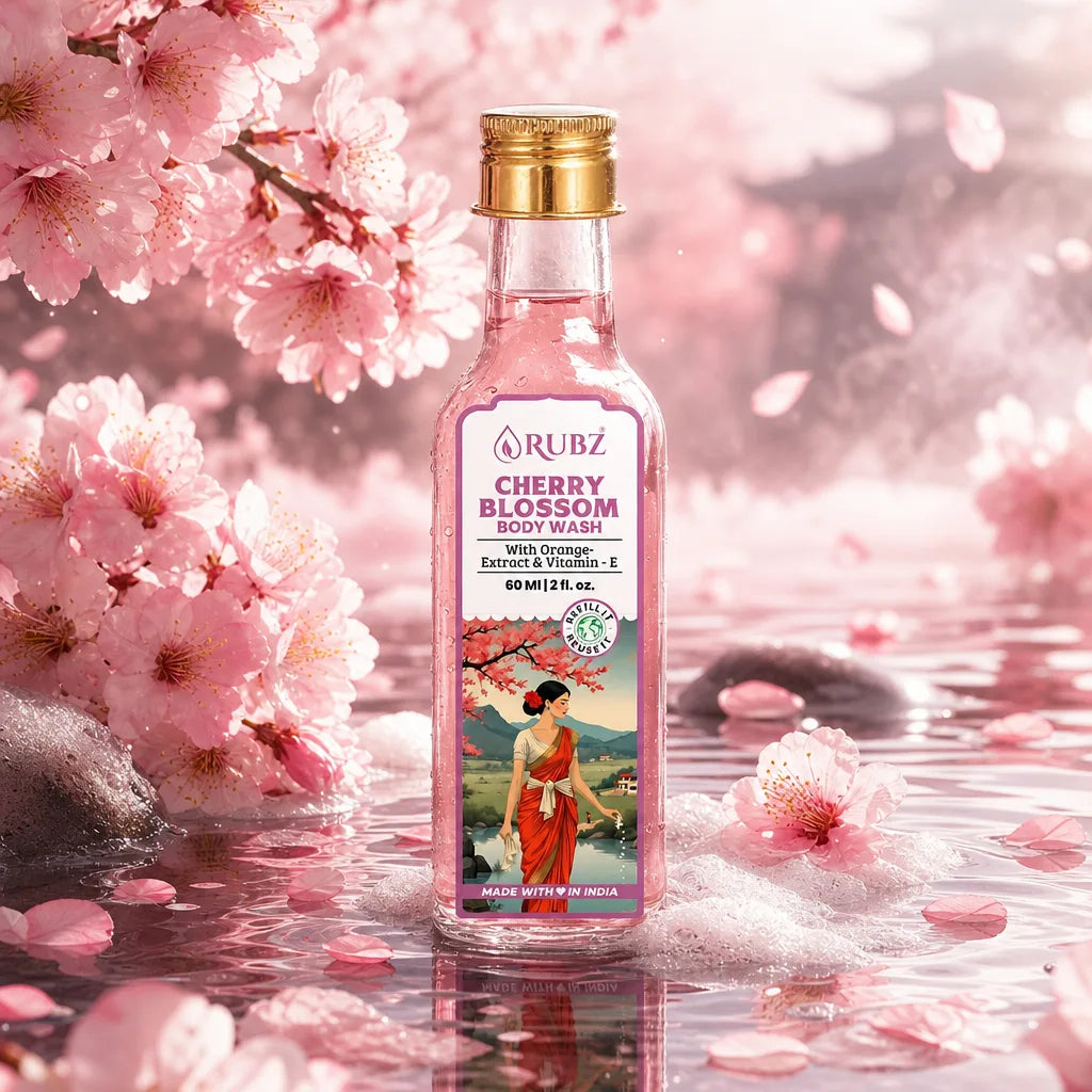 Rubz Cherry Blossom body wash bottle with cherry blossoms in the background